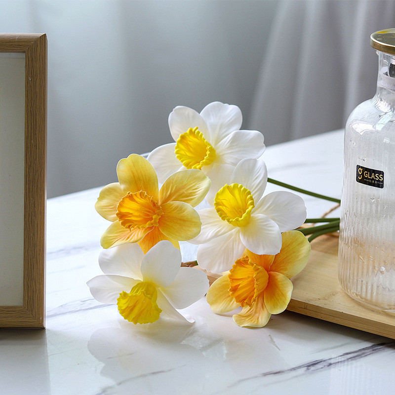 ช่อดอกไม้ปลอม Pu Narcissus Poppy ประดิษฐ์สําหรับอุปกรณ์ตกแต่งบ้านงานแต่งงาน