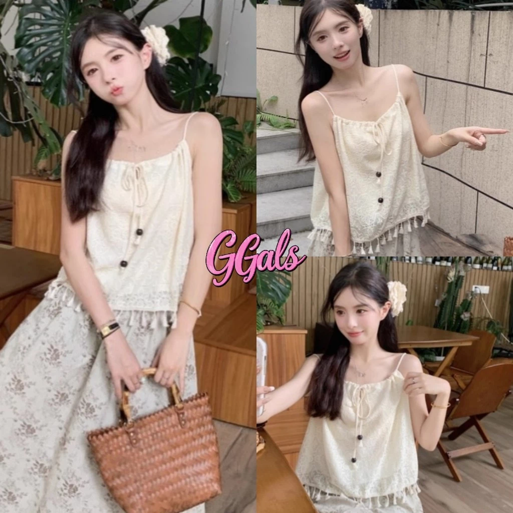 🌷GGals🌷​เสื้อสายเดี่ยวถักไหมพรม ผูกโบว์ ลวดลายเก๋ๆ ดีเทลปลายทิ้ง เสื้อแขนกุด สไตล์ลำลอง น่ารักสุดๆ#61800