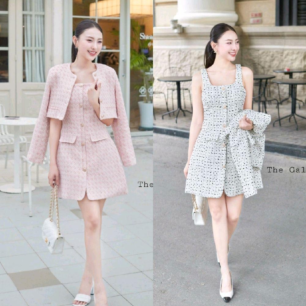 C.on (พร้อมส่ง) The gallery54 55 ชุดเซ็ตเสื้อคลุมผ้าทวิต+เดรสเข้าเซ็ต Cafe.