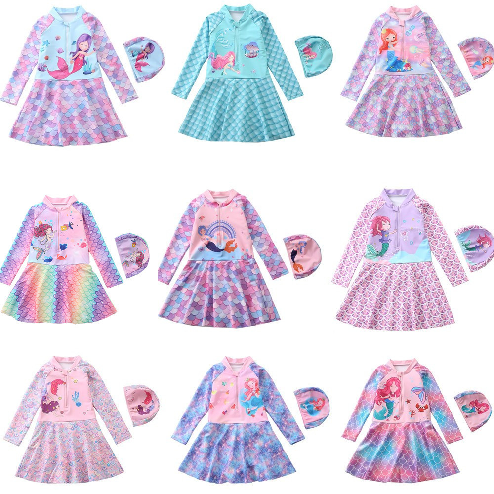 ชุดว่ายน้ํา. bikini เด็ก ชุด mermaid เด็ก Kids swimwear with cap