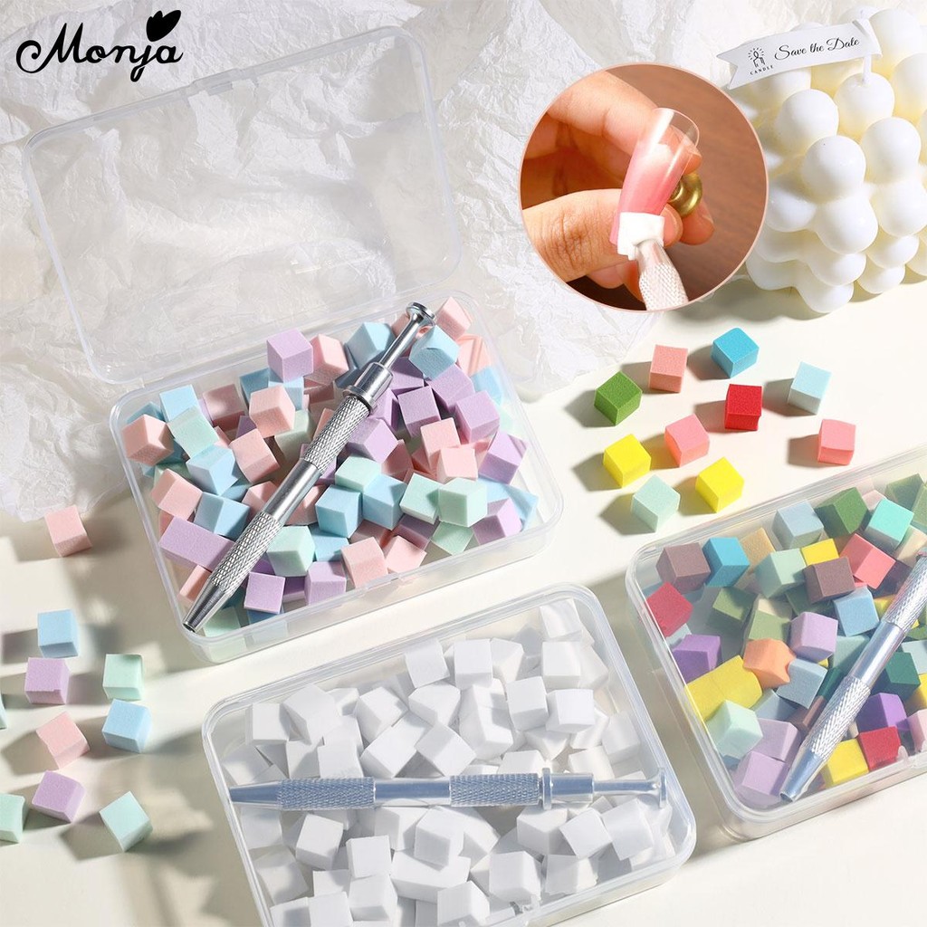 Monja 100 ชิ้น/กล่องเล็บ Stamper ฟองน้ํา ภาพวาดนุ่มสีสันสแควร์โฟม เล็บฟองน้ํา คลิป เล็บเครื่องมือ