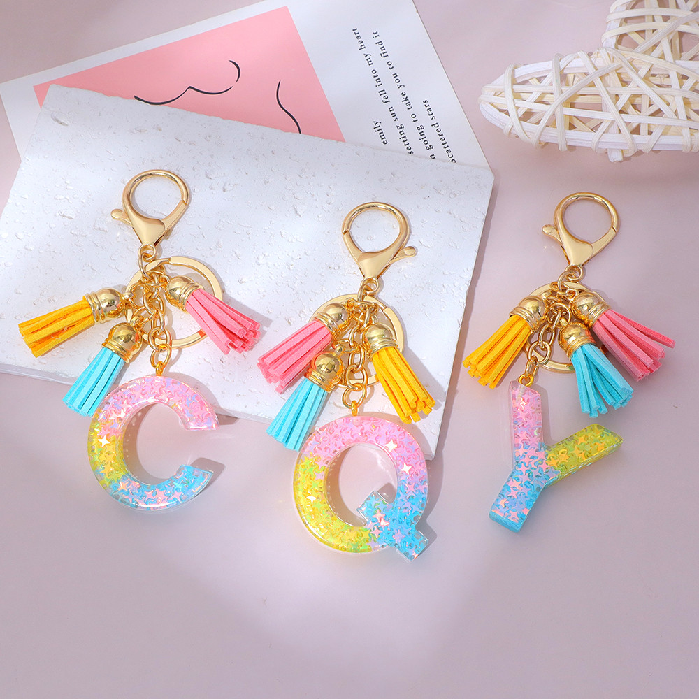 3 สีGradient AZ Letter KeyแหวนCorlorfulดาวเลื่อมเรซิ่นพวงกุญแจพู่จี้กระเป๋าถือเครื่องประดับ