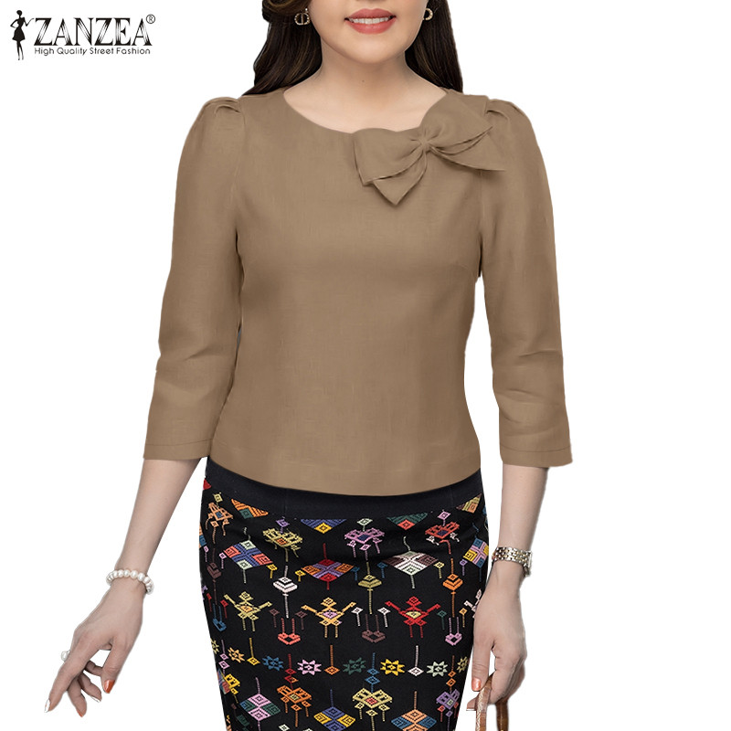 ZANZEA ใส่ ซานเซีย ผู้หญิงสบายๆ โอ คอแยก3/4ฟองแขนเอวเสื้อที่สง่างาม