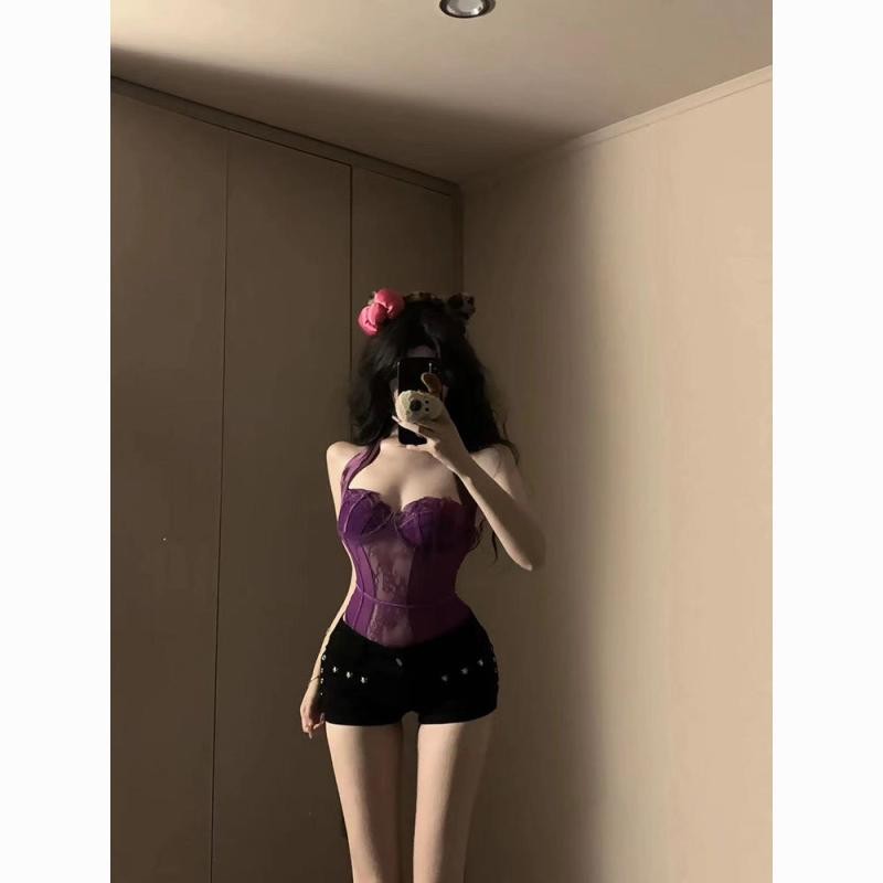 HPY * ไหล่เดียว Pure Desire จั๊มสูทสีม่วงฤดูใบไม้ร่วงฤดูหนาวแขนกุดคอเหลี่ยมรู้สึกโบว์สาย Pure Desire