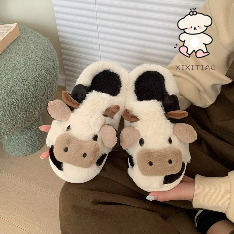 Xixitiao รองเท้าใส่ในบ้าน รองเท้าวัว บ้าน COW slipper นุ่มนิ่ม ผู้ชาย ผู้หญิง รองเท้าเด็ก ลายวัว