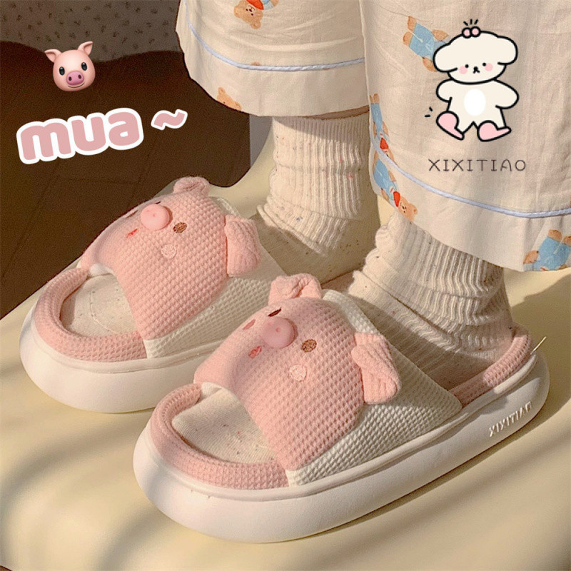 Xixitiao Four Seasons Universal Soft หนา-Soled รองเท้าแตะผ้าลินินน่ารัก Piggy Home รองเท้าแตะ