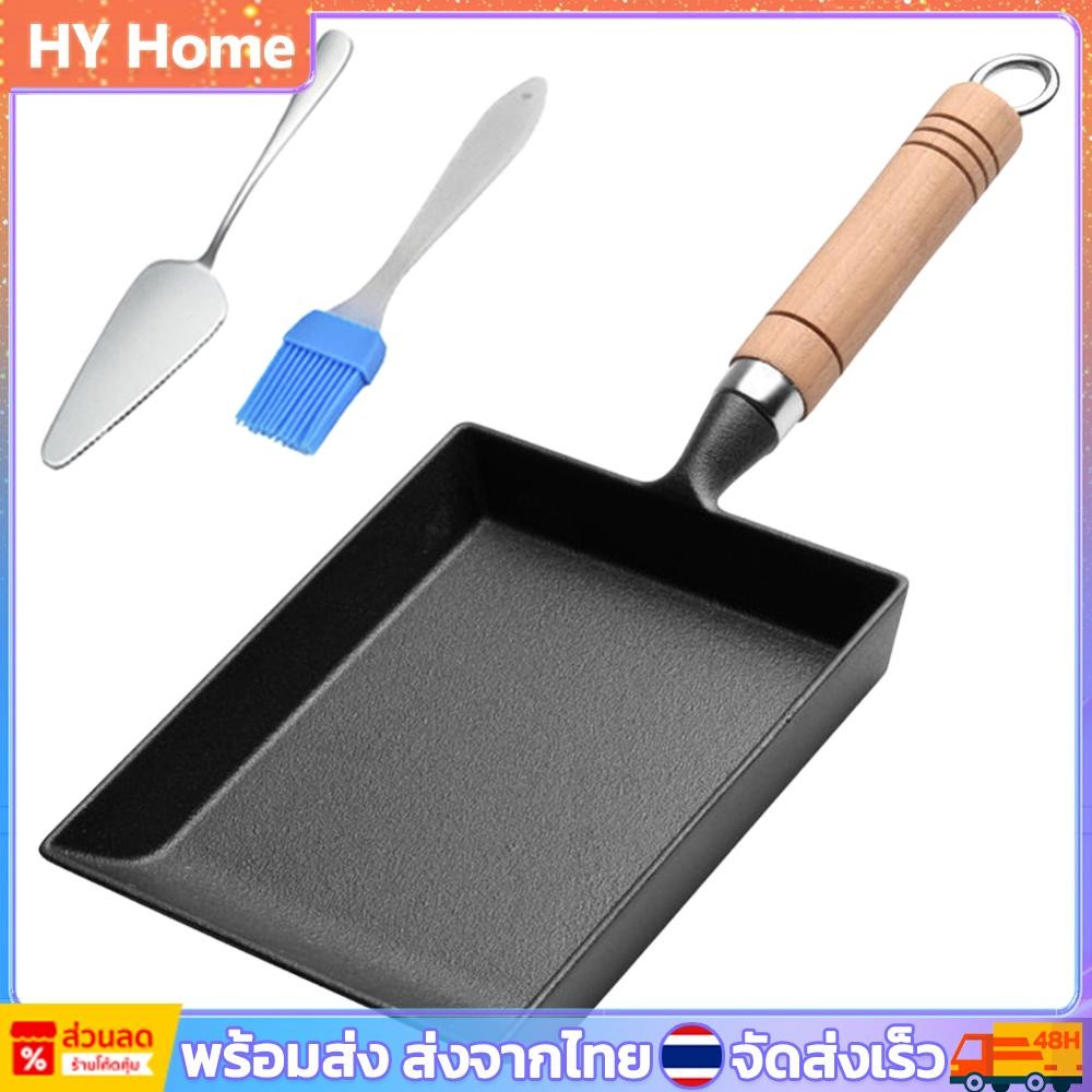 Non Stick กระทะไข่กระทะเหล็กหล่อไม้ Handle กระทะอเนกประสงค์พร้อมแปรงน้ํามันและพลั่วไข่ Yaki กระทะสําหรับ Camping Picnic