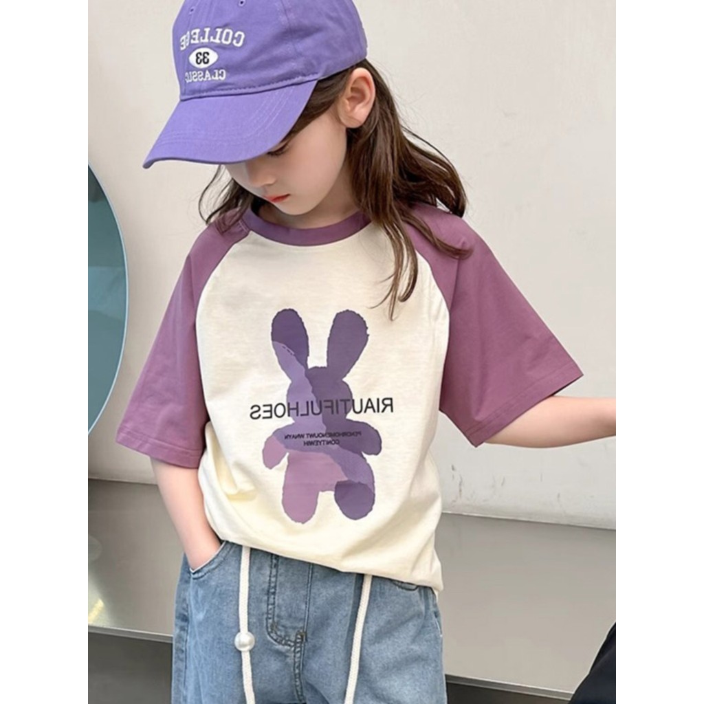 (จัดส่งตลอด 24 ชั่วโมง) KIDS PRINCESS เด็กผ้าฝ้ายสีชนกันแขนสั้นฤดูร้อนใหม่เสื้อยืดเด็กครึ่งแขนด้านบน D16