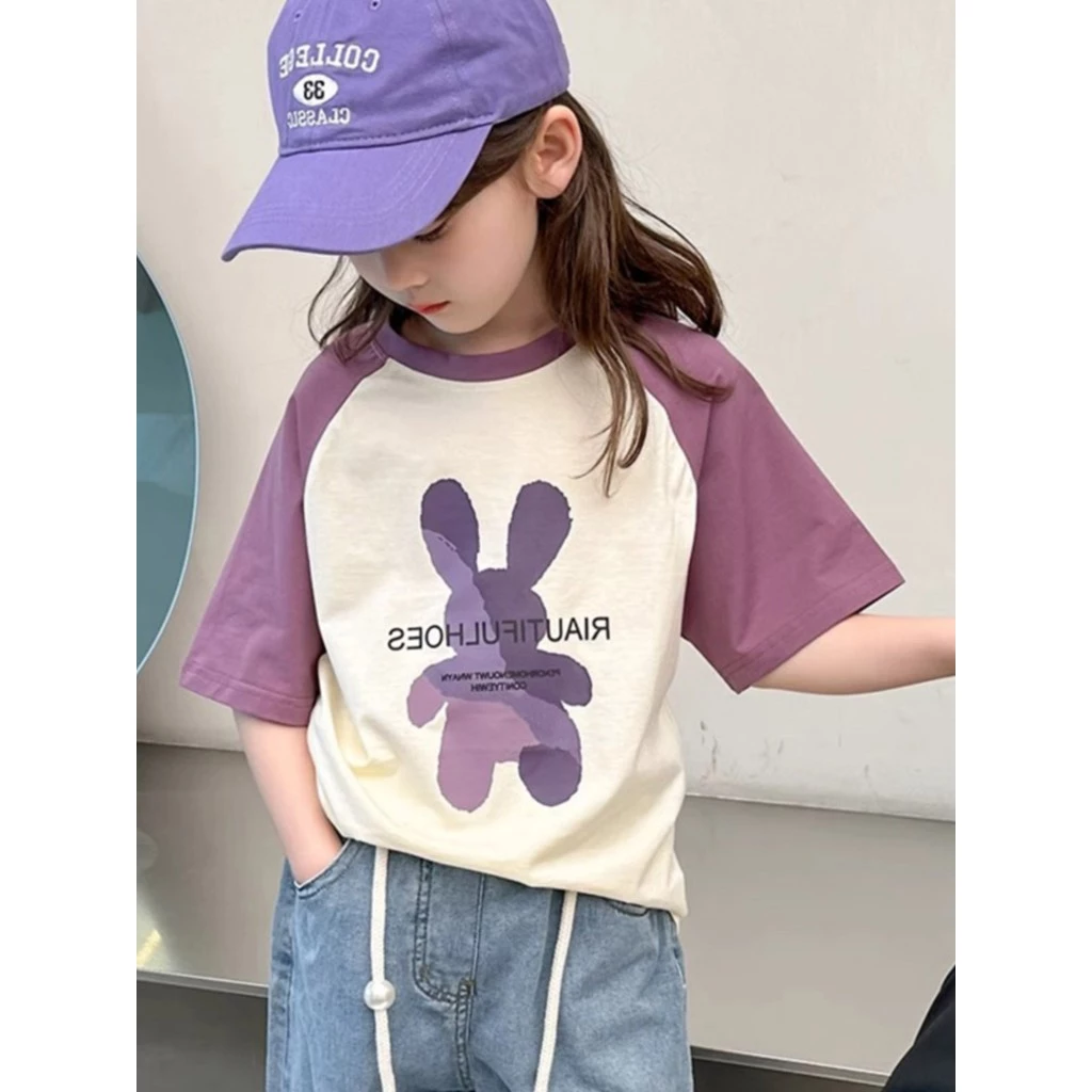 (จัดส่งตลอด 24 ชั่วโมง) KIDS PRINCESS เด็กผ้าฝ้ายสีชนกันแขนสั้นฤดูร้อนใหม่เสื้อยืดเด็กครึ่งแขนด้านบน D16