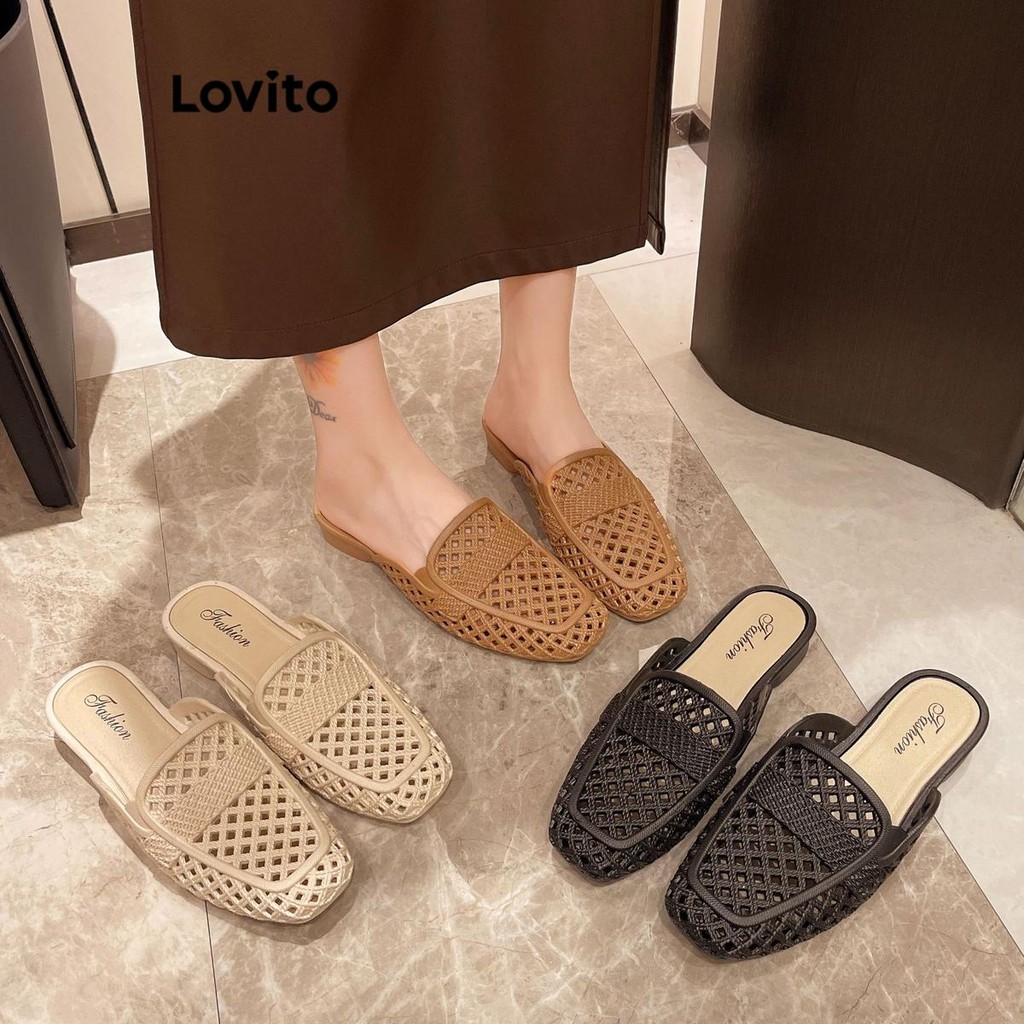 Lovito รองเท้าแตะส้นแบนกันลื่นพื้นนุ่มแบบเรียบง่ายสำหรับผู้หญิง LFA56356