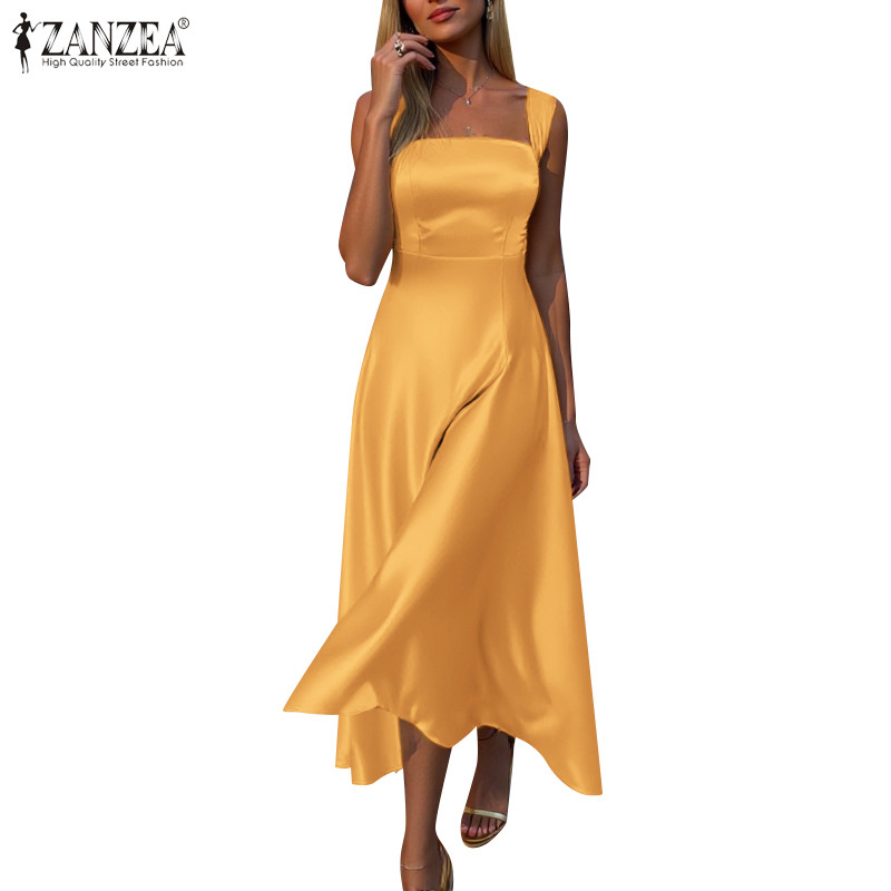 ZANZEA ซานเซีย ผู้หญิงพรรคแฟชั่นสแควร์คอสลิงแขนกุดที่มองไม่เห็นซิปชุด