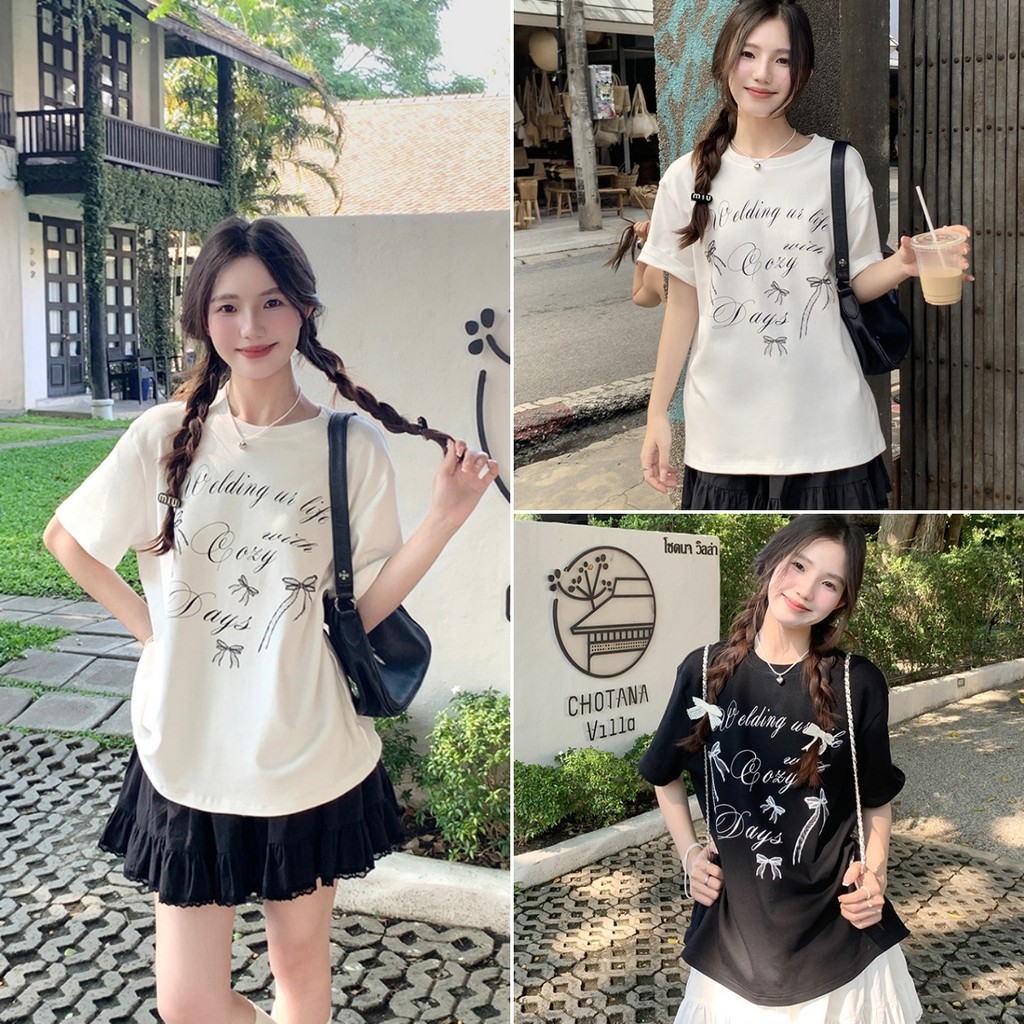 (จัดส่งตลอด 24 ชั่วโมง）OOOK Official ✨เสื้อยืดสวยๆผู้หญิง เสื้อน่ารักคอกลม ดีไซน์ลําลอง แขนสั้น พิมพ์โบว์ สไตล์เกาหลี