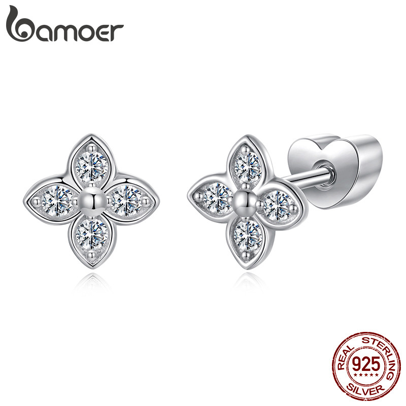 Bamoer ต่างหูสตั๊ดเศษไม้เงินแท้ 925 Moissanite ของขวัญเครื่องประดับโคลเวอร์สี่ใบสําหรับผู้หญิง