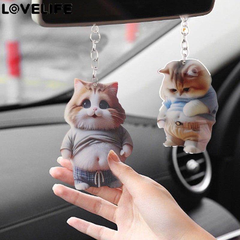 [โดดเด่น] 2d Flat Acrylic Dog Cat - พวงกุญแจลูกสุนัข Dudu - จี้รถแมวชิบะอินุ - เครื่องประดับกระจกมองหลังอัตโนมัติ - การตกแต่งแบบแขวนกุญแจกระเป๋าเป้
