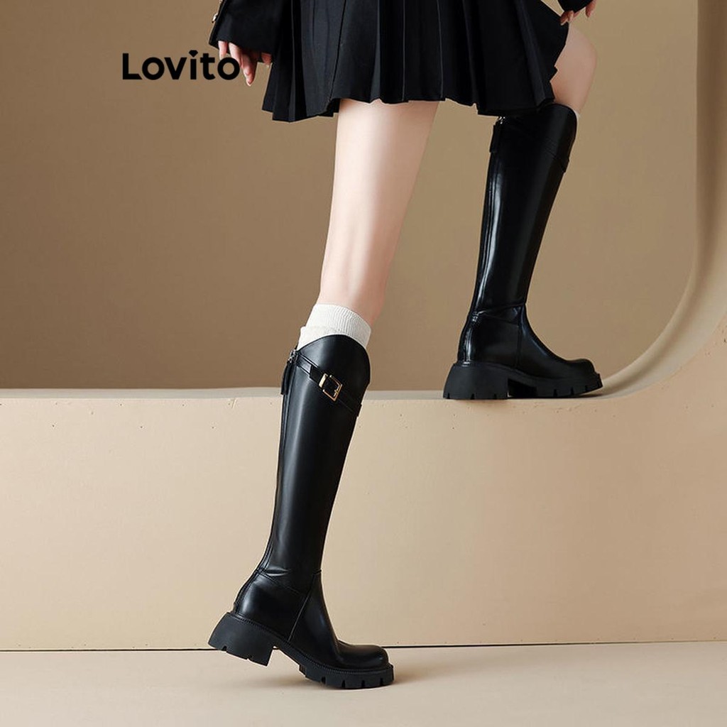 Lovito ลําลองธรรมดาสไตล์อังกฤษอเนกประสงค์หนาทําให้เท้าของคุณslimmerยาวหลอดแฟชั่นbootสําหรับผู้หญิง LFA62301