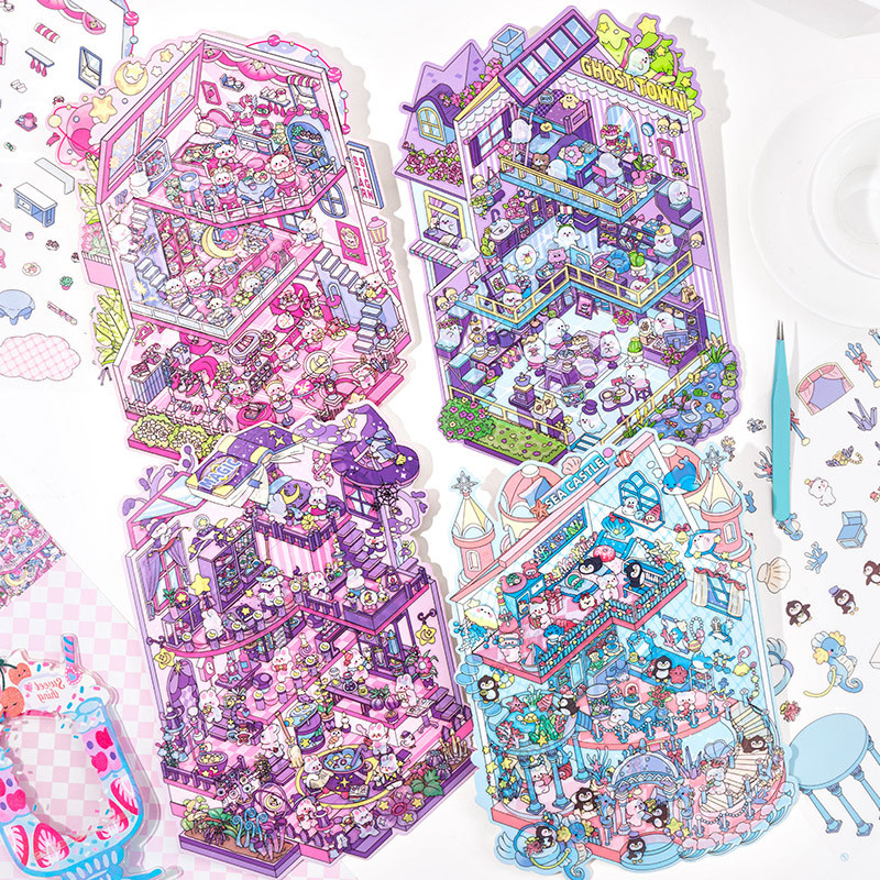 Kowei 4 ชิ้น Magic World Series 3D ภูมิทัศน์สติกเกอร์กันน้ําวัสดุน่ารักสมุดภาพ Decals สําหรับหญิง Jo