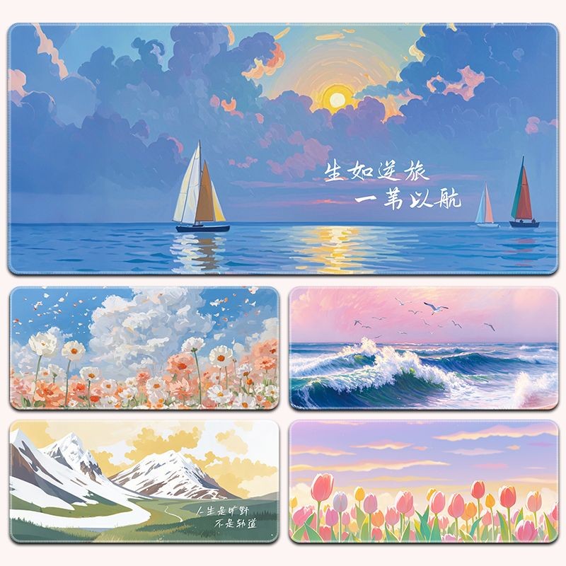 วรรณกรรมภาพวาดสีน้ํามันแผ่นรองเมาส์ขนาดใหญ่ภูมิทัศน์ริมทะเลหอพักโต๊ะพร้อมแผ่นรองข้อมือปรับแต่งได้