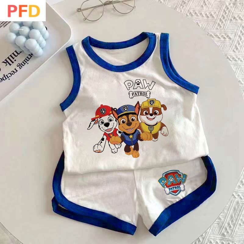 paw patrol วังทีมเด็กเสื้อผ้าเด็กชุดเสื้อกั๊กผ้าฝ้ายแท้เสื้อยืดแขนกุดสไตล์ใหม่ชุดสองชิ้น