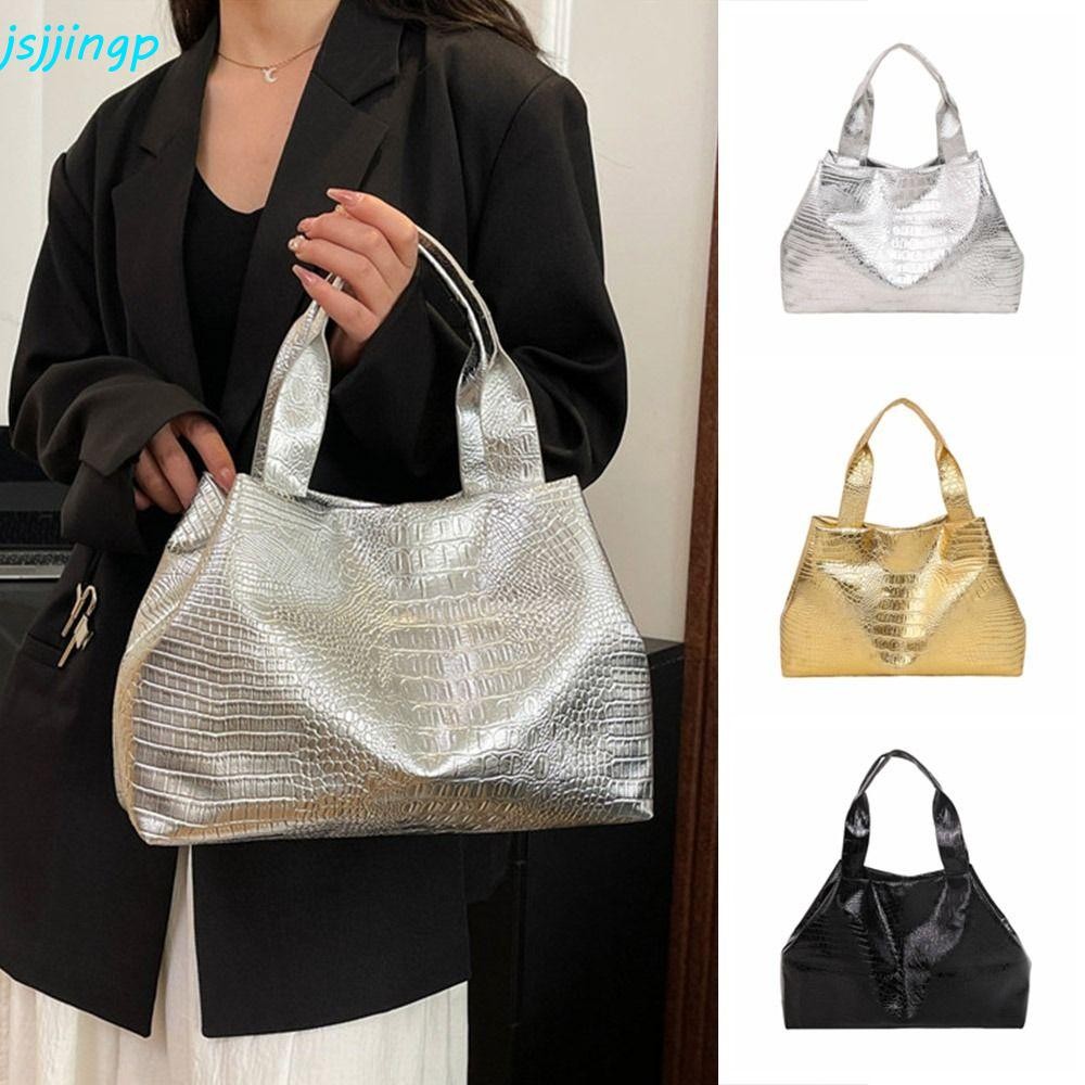 Jsjjingp กระเป๋าถือผู้หญิง, เงินทองสีดําหรูหราหญิง Tote กระเป๋า, ใหม่ PU หนัง Casual จระเข้ Commute กระเป๋าสะพาย Lady/Girls