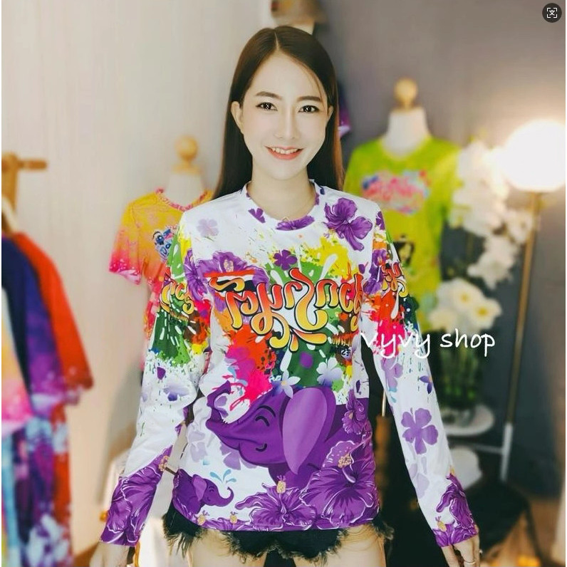 เสื้อเชิ้ตลายดอกไม้แขนยาว ผ้ามันเงา พิมพ์ลายทั้งตัว ใส่ได้ทั้งชายและหญิง