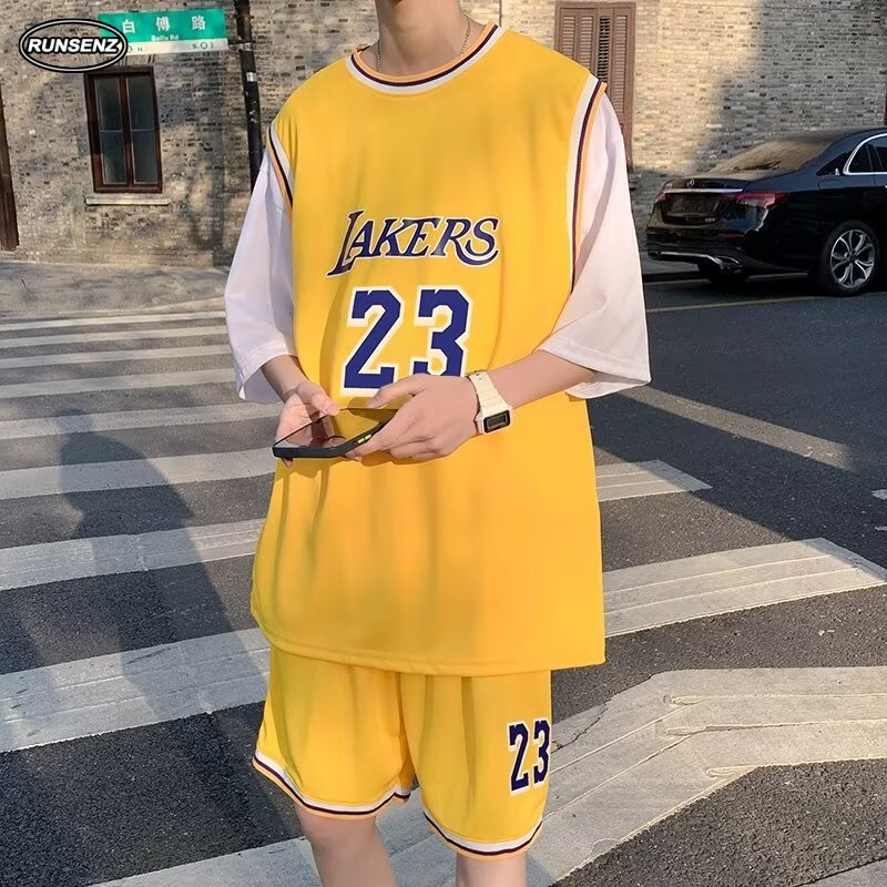 S-8xl ชุดกีฬาบาสเก็ตบอลฤดูร้อนเกาหลีผู้ชายเสื้อยืดแขนสั้นขนาดบวก + กางเกงขาสั้น