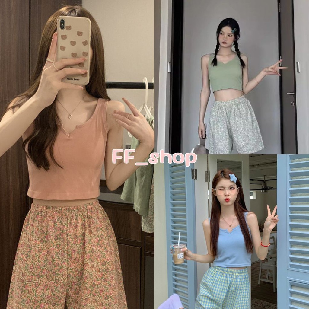 🛒FF.shop🛒 เสื้อครอปแต่งเว้าคอ แขนกุด มีฟองน้ำ สีพื้น ใส่สบาย 6สีพร้อมส่ง #H19