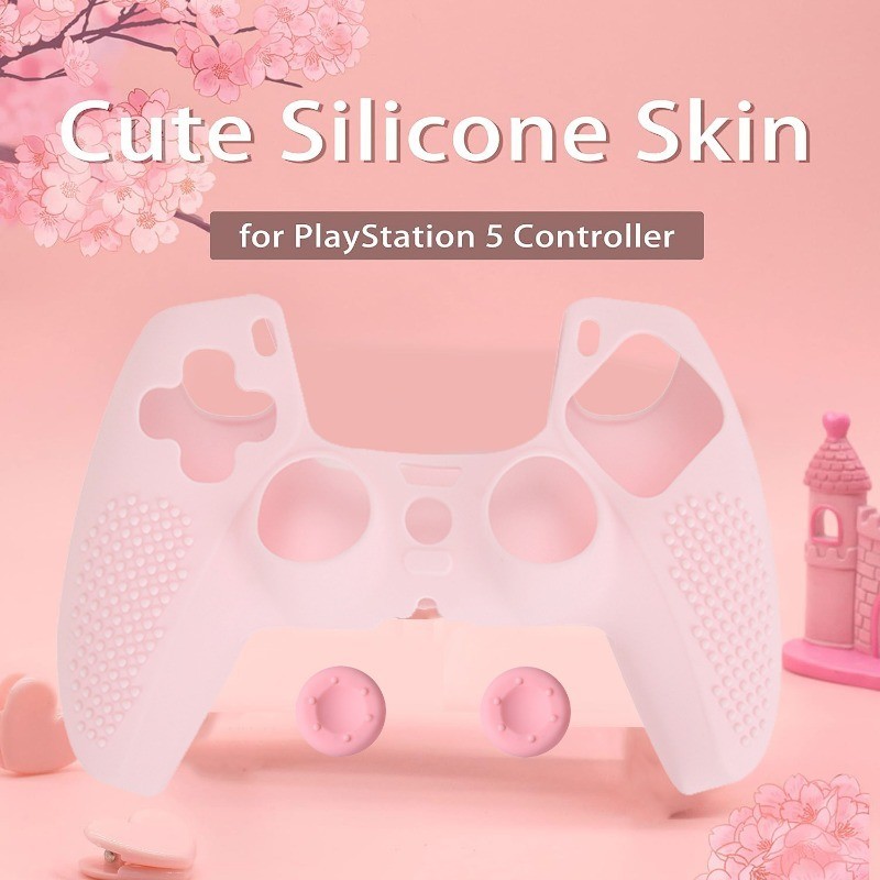 เคสจอยสติ๊ก ยางซิลิโคนนิ่ม กันลื่น ลายดอกซากุระน่ารัก สีชมพู สําหรับ PS5 PS5 PlayStation 5