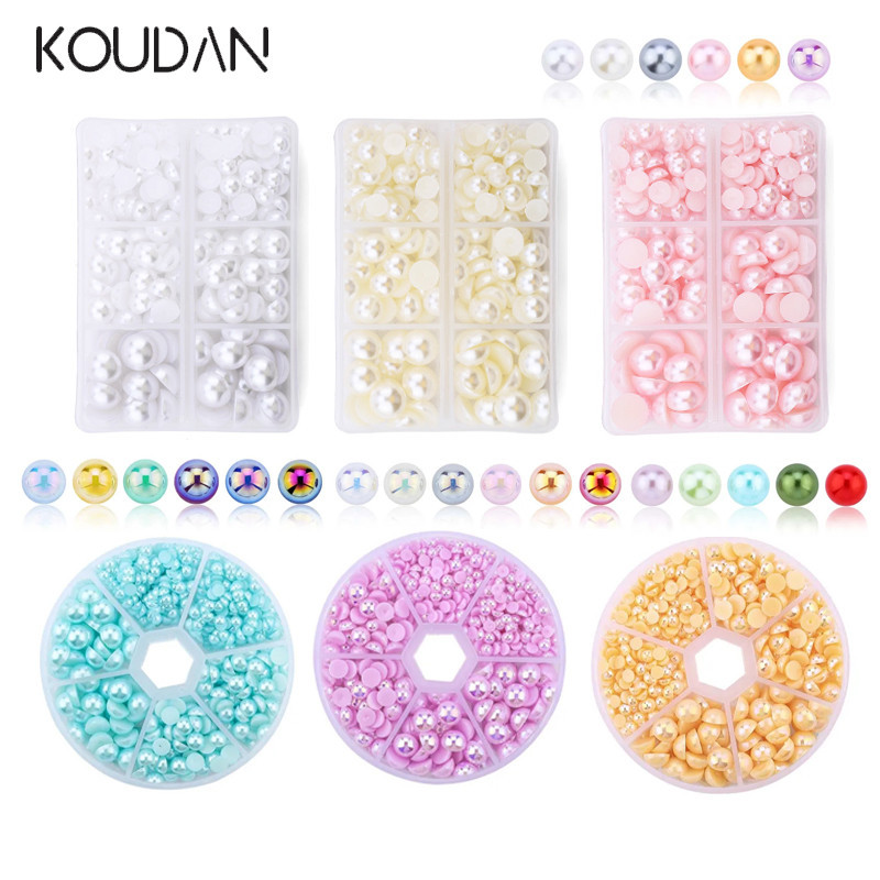 Koudan สติกเกอร์ไข่มุก ABS ทรงกลม สีชมพู สีเขียว สีขาว 6 มม. 8 มม. 10 มม. สําหรับตกแต่งเล็บ