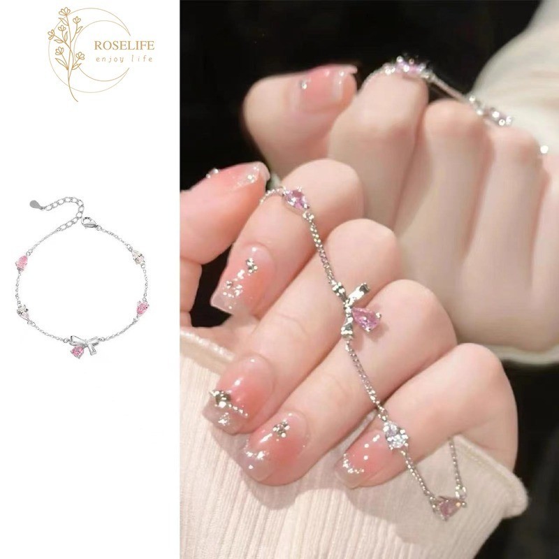 Roselife สร้อยข้อมือเงิน 925 ประดับโบว์คริสตัล สีชมพู