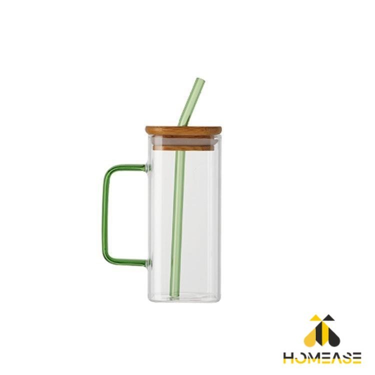 HA แก้วทรงสี่เหลี่ยม พร้อมฝาปิด และ หลอดดูด  ถ้วยน้ำผลไม้  400ml Glass coffee cup