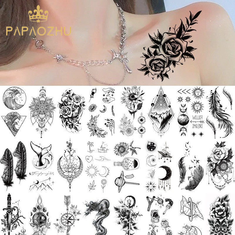 Papaozhu สติกเกอร์รอยสักชั่วคราว ลายดอกไม้ ขนนก สีดํา สําหรับติดตกแต่งแขน คอ ขา ร่างกาย DIY