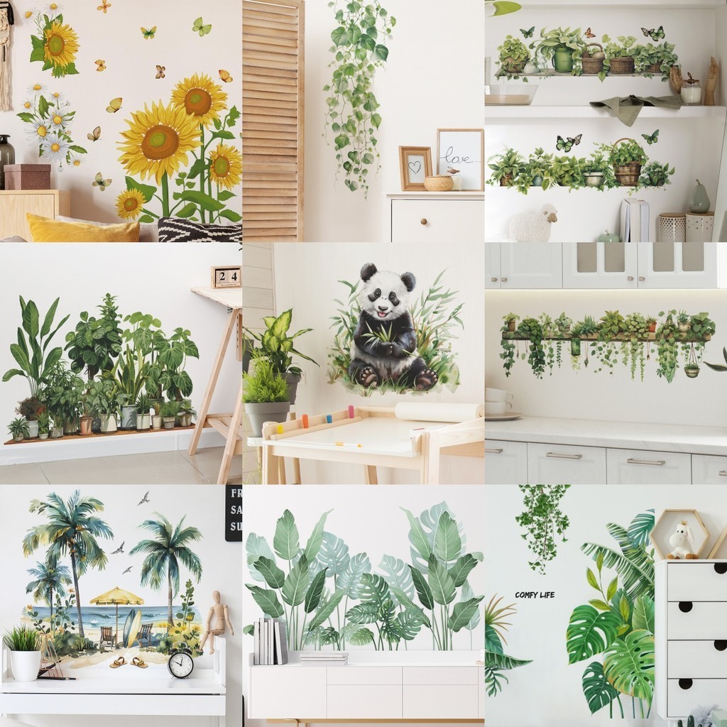 Rainforest พืชสีเขียว Monstera สติ ๊ กเกอร ์ ติดผนังตกแต ่ งบ ้ านห ้ องนั ่ งเล ่ น Nordic Tropical ปาล ์ มใบหน ้ าต ่ างสติ ๊ กเกอร ์ ติดผนัง Muursticker