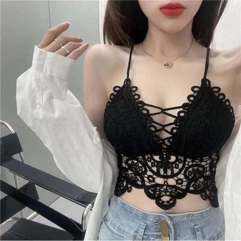 YJ Summer New French Retro Hollow Beauty Back Sling Pure Desire Sexy Crop Top Outer Tube Top Women's