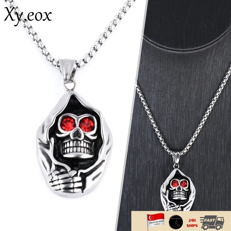 Mens Punk Evil Eye Biker Skeleton Pendant สร้อยคอโซ่เหล็กไทเทเนียม