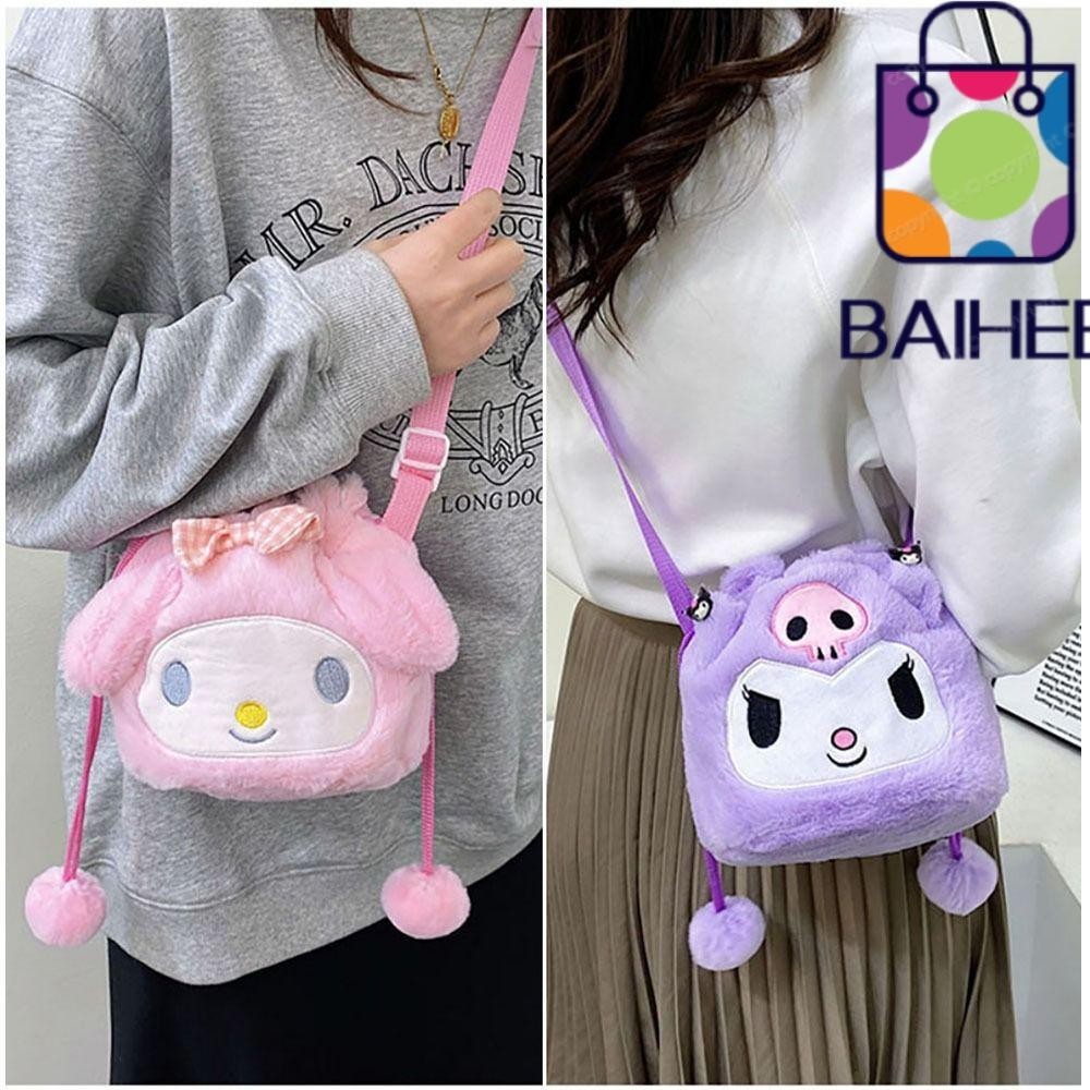 Baihee 1 ชิ้นกระเป๋าสะพาย, Plush Kuromi My Melody Cinnamoroll เย็บปักถักร้อยกระเป๋าถือ,แฟชั่นอะนิเมะน่ารักการ์ตูน Tote กระเป๋าสําหรับ Lady หญิงผู้หญิง