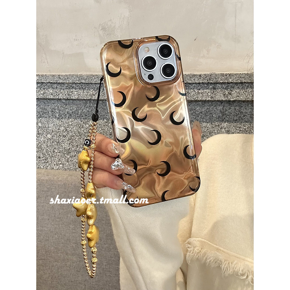 Huiwanju Golden Water Ripple Crescent เหมาะสําหรับ iPhone 15 เคสโทรศัพท์ ip14promax ผู้หญิง 15 Pro ใ