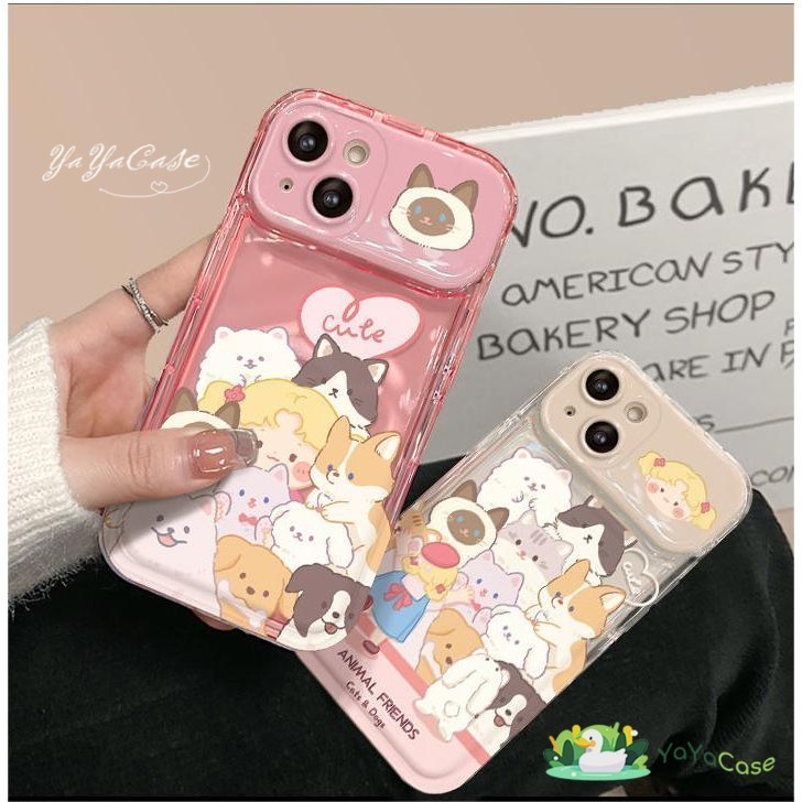 สำหรับ iPhone 11 13 For เคสไอโฟน15 14 12 Pro Max X XR XS MAX 7 8 14 15 Plus เด็กหญิงและลูกแมวลูกสุนัข กระจกแต่งหน้า เคส