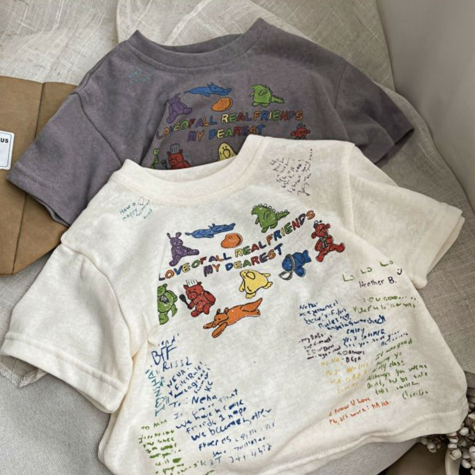 2024 แฟชั ่ นเกาหลีชุดเด ็ กแขนสั ้ น Graffiti สไตล ์ เด ็ กเสื ้ อยืดสาว Tops 2-6yrs