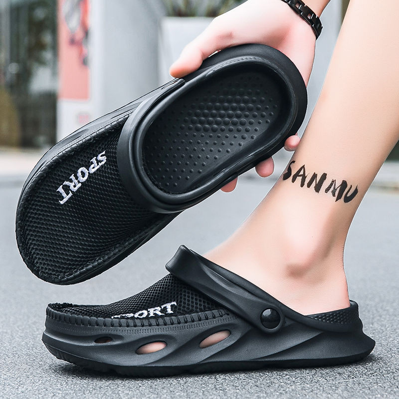 Extraordinary 2024 Lazy Hole รองเท้าครึ่งรองเท้าแตะผู้ชายฤดูร้อนสวมใส่ด้านนอกพื้นผิวตาข่าย Anti-slip Soft Sole กีฬาขับรถ Dual