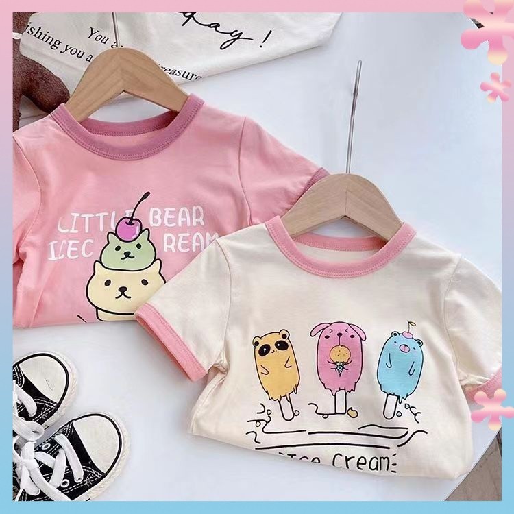 New Girls' Summer Clothes Baby Short SleeveTT-shirt Children's Korean-Style Cartoon round Neck Bottoming Shirt Half-Length Sleeve Cottont