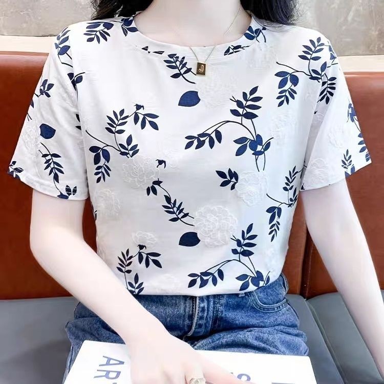เสื้อยืดผู้หญิงเสื้อยืดแขนสั้นหลวมกระชับเสื้อผ้าผู้หญิง 2024 ใหม่พิมพ์ฤดูร้อนด้านบน