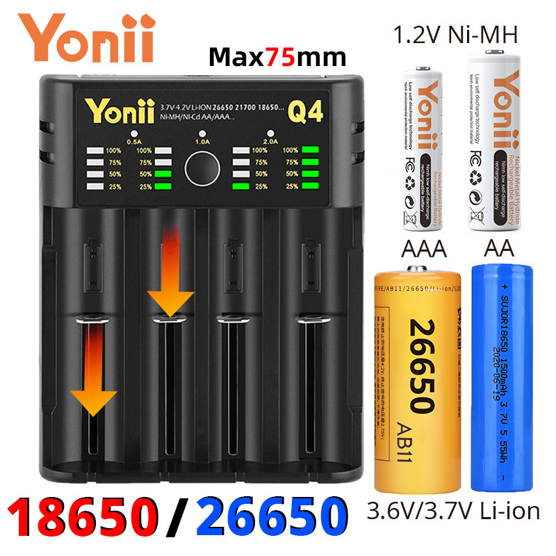 Yonii Q4 18650 20700 17500 แบตเตอรี่ NiMH AA/AAA 3.6V เครื่องชาร์จถ่าน ไอออน 3.7 4 ก้อน แบบพกพา พัดลม เครื่องชาร์จถ่าน
