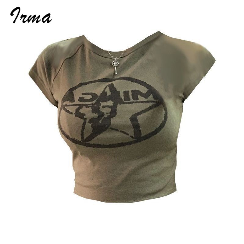 ผู ้ หญิงสไตล ์ อเมริกันRetroพิมพ ์ กองทัพสีเขียวแขนสั ้ นเสื ้ อยืดสั ้ นฤดูร ้ อนอเนกประสงค ์ Slim-Fit Top