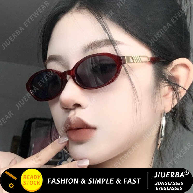 ( Jiuerba แว ่ นกันแดดกรอบวงรีสีแดงสําหรับผู ้ หญิงแฟชั ่ นเกาหลีกรอบเล ็ กแว ่ นกันแดดสีลูกกวาด