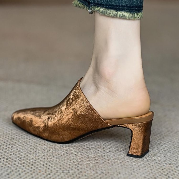 รองเท ้ าส ้ นสูงผู ้ หญิงสแควร ์ Toe ส ้ นหนาซาตินแฟชั ่ นรองเท ้ าแตะขี ้ เกียจขนาด 34-39