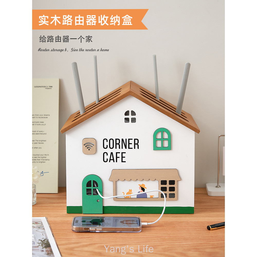 เดสก์ท็อป อินเตอร์เน็ตไร้สาย เราเตอร์กล่องเก็บซ็อกเก็ตไม้ชุดกล่องด้านบนชั้นวางตกแต่งบ้านเคาน์เตอร์ลวดออแกไนเซอร์กล่อง