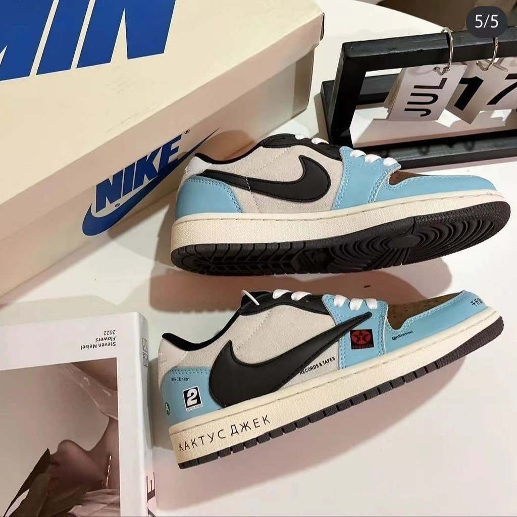 Pure AJ1 Fujiwara Lightning Barb Blue White Grimace TS Joint Black Samurai Barb รองเท ้ าผ ้ าใบกีฬาอินเทรนด ์