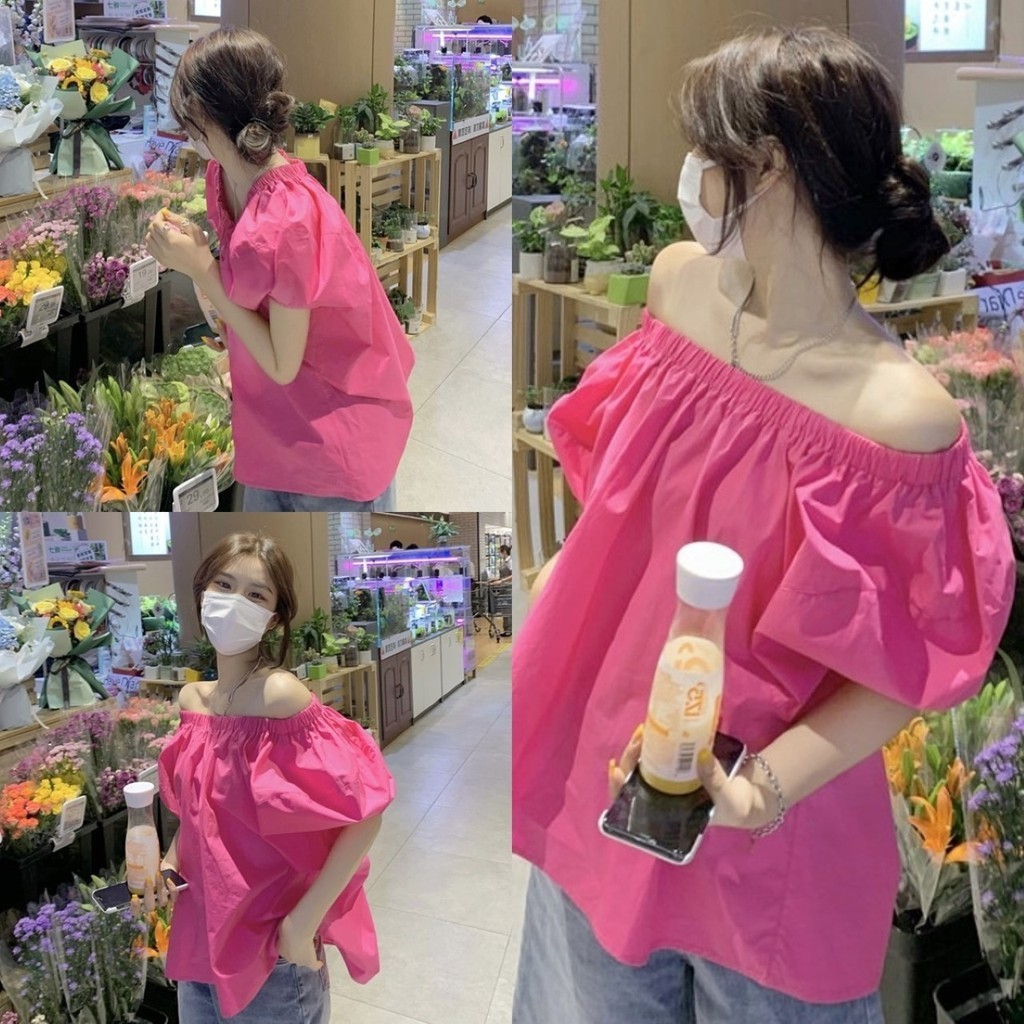 🔥ราคาถูกที่สุด🔥เสื้อทรงใหญ่ ช่วงคอเป็นสม็อคยืด 2 สี ใส่แบบปาดไหล่ได้ แขนสั้น
