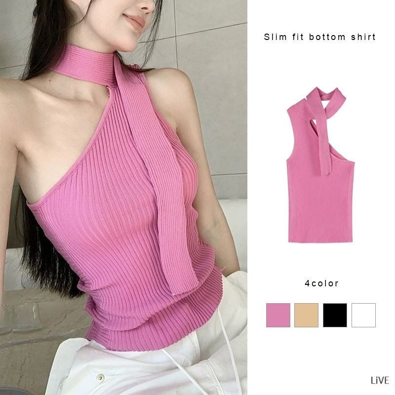 เสื้อสตรีทรงสลิมฟิต Bottoming แขนกุดแขวนคอเสื้อยกทรงถักผู้หญิง LIVE
