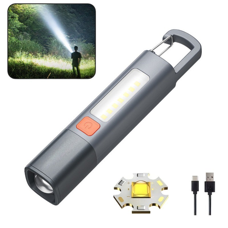 Mini LED Super Bright Camping Light พร้อมตะขอ USB ชาร์จไฟฉาย Zoomable